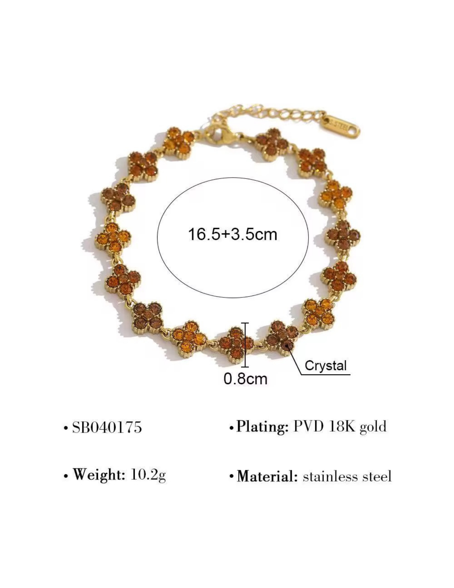 FLORAL BROWN GOLD PLATED BRACELET SIZE AND MATERIAL DETAILS ON WHITE BACKGROUND