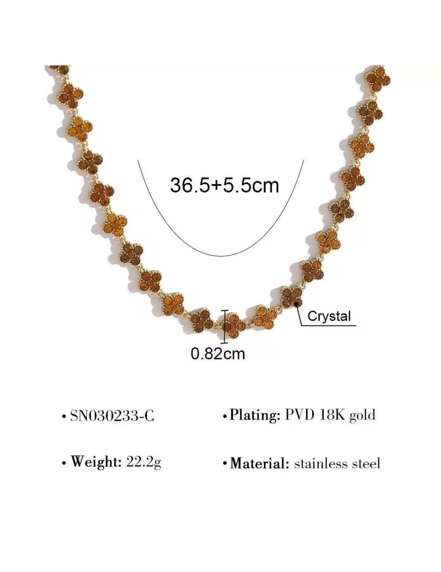 FLORAL BROWN GOLD PLATED NECKLACE SIZE AND MATERIAL DETAILS ON WHITE BACKGROUND