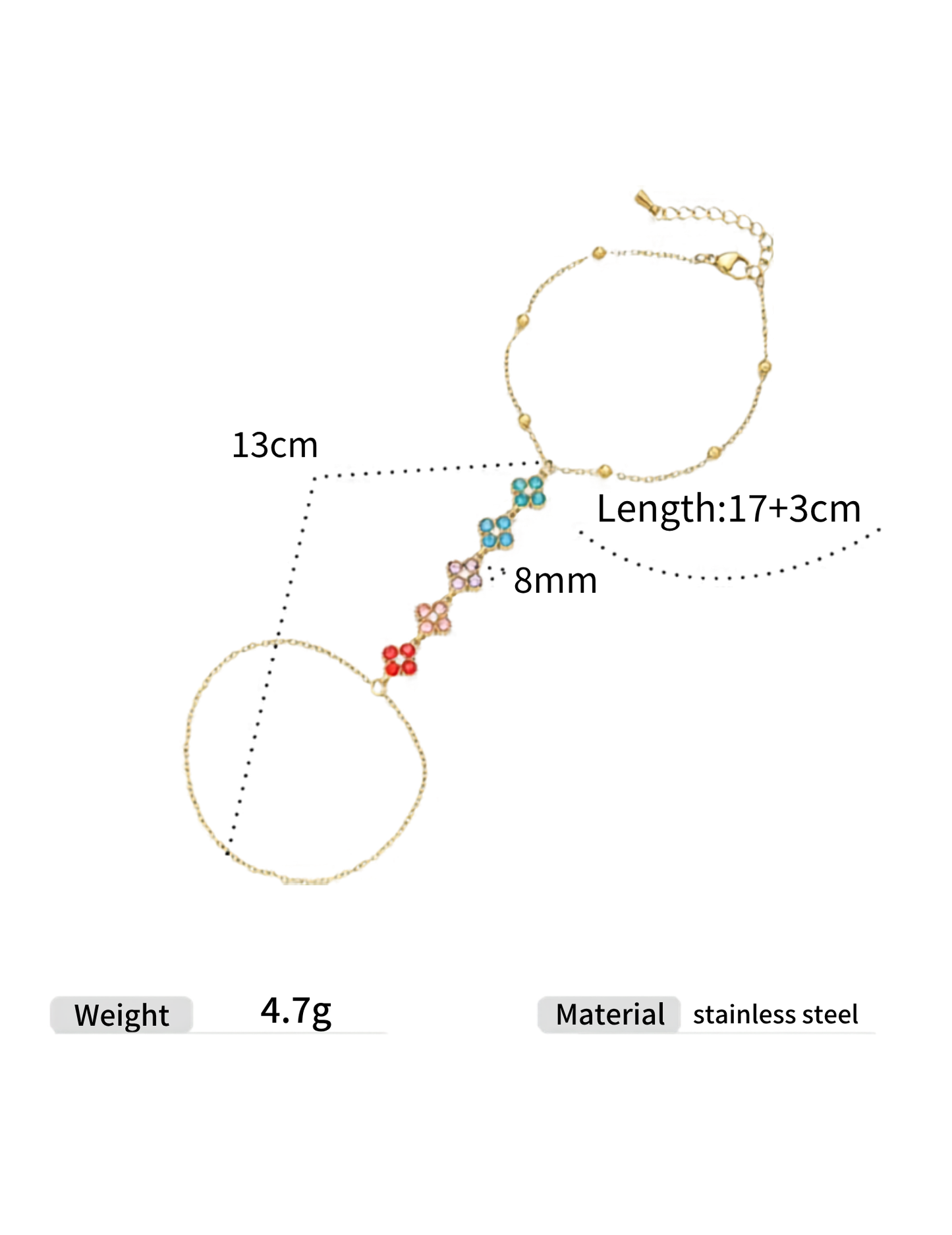 MULTI COLORS CLOVER GOLD PLATED HAND CHAIN BRACELET SIZE AND MATERIAL DETAILS ON WHITE BACGROUND