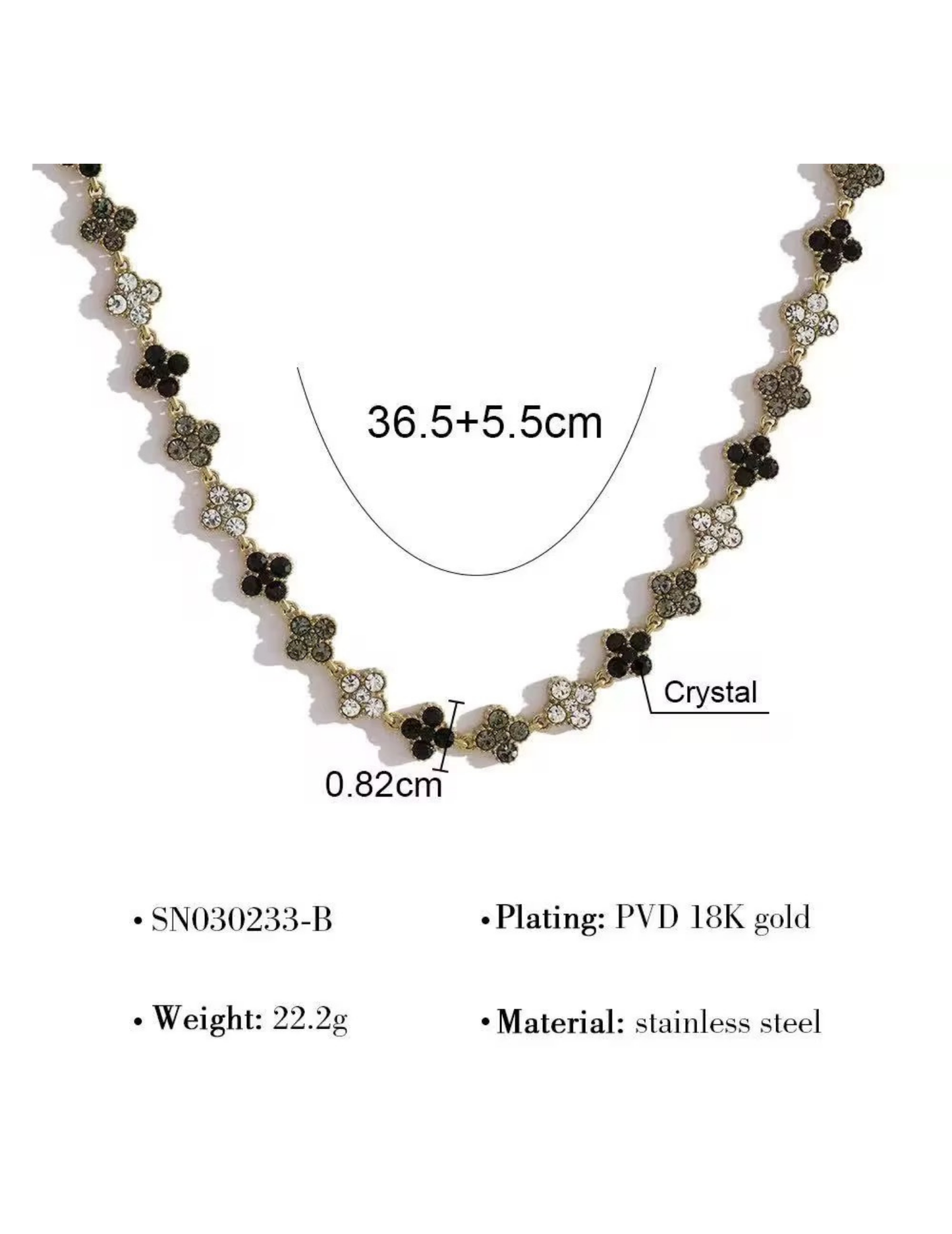 FLORAL GOLD PLATED NECKLACE SIZE AND MATERIAL DETAILS ON WHITE BACKGROUND