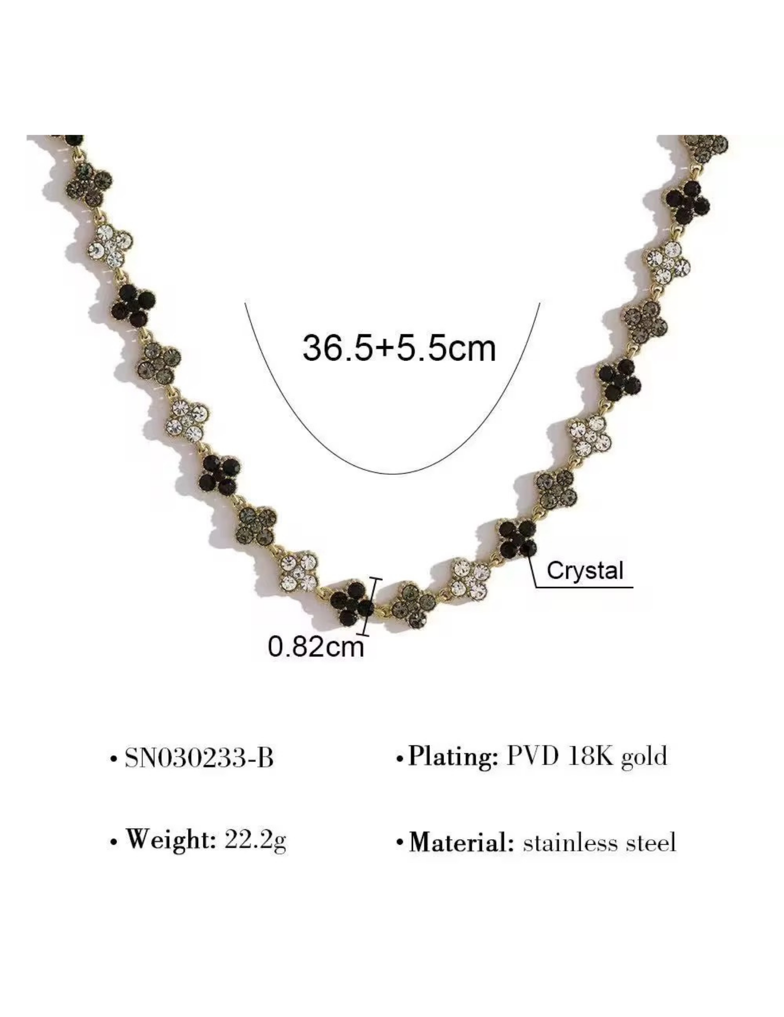 FLORAL GOLD PLATED NECKLACE SIZE AND MATERIAL DETAILS ON WHITE BACKGROUND