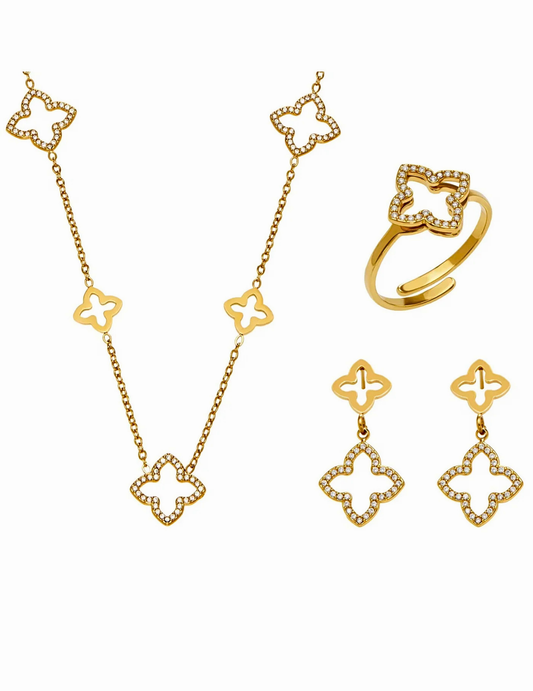 A CLOVER GOLD PLATED NECKLACE AND EARRINGS AND RING ON WHITE BACKGROUND