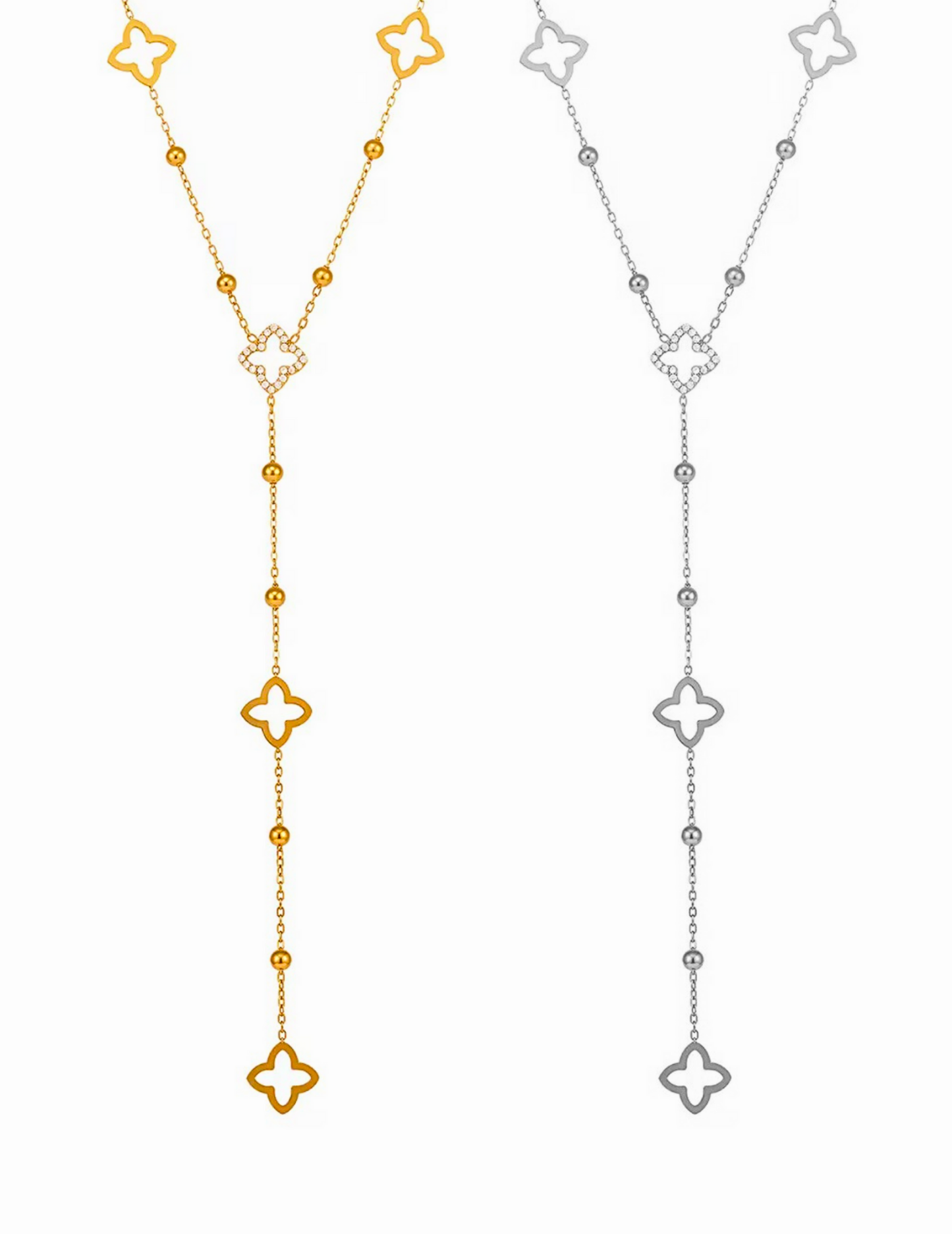GOLD PLATED AND SILVER CLOVER NECKLACE ON WHITE BACKGROUND