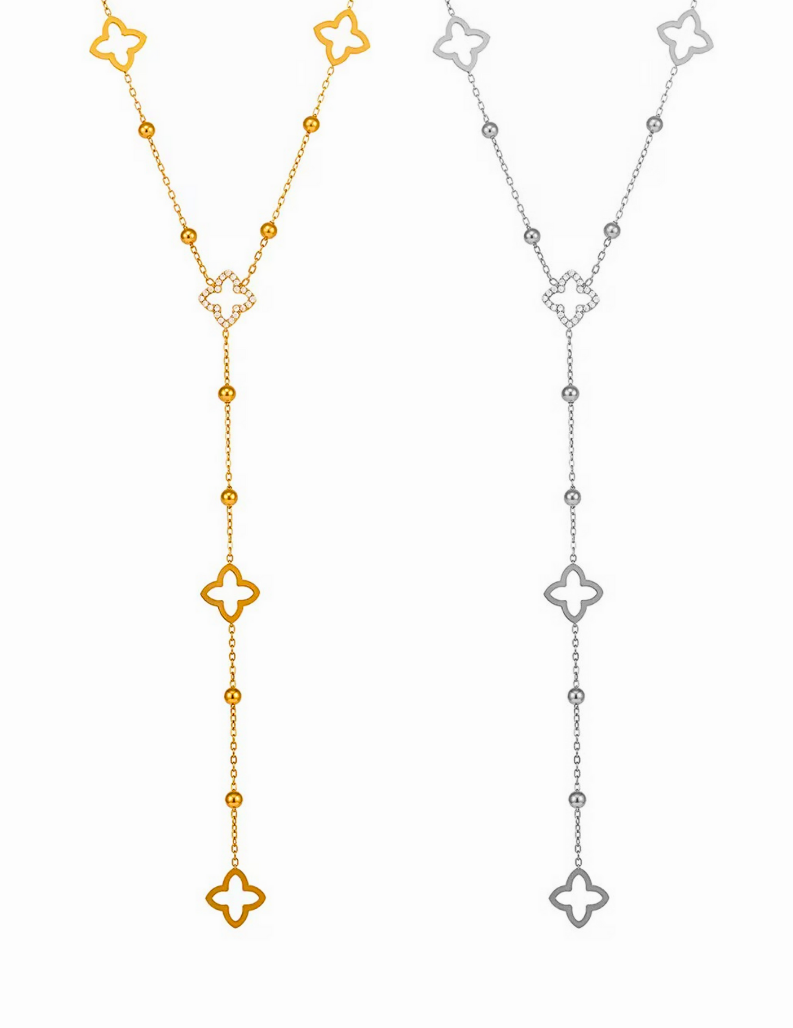 GOLD PLATED AND SILVER CLOVER NECKLACE ON WHITE BACKGROUND