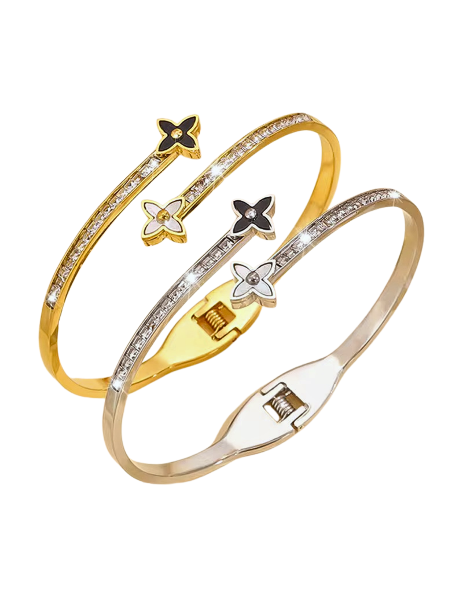 GOLD CLOVER BANGLE AND SILVER BANGLE ON WHITE BACKGROUND