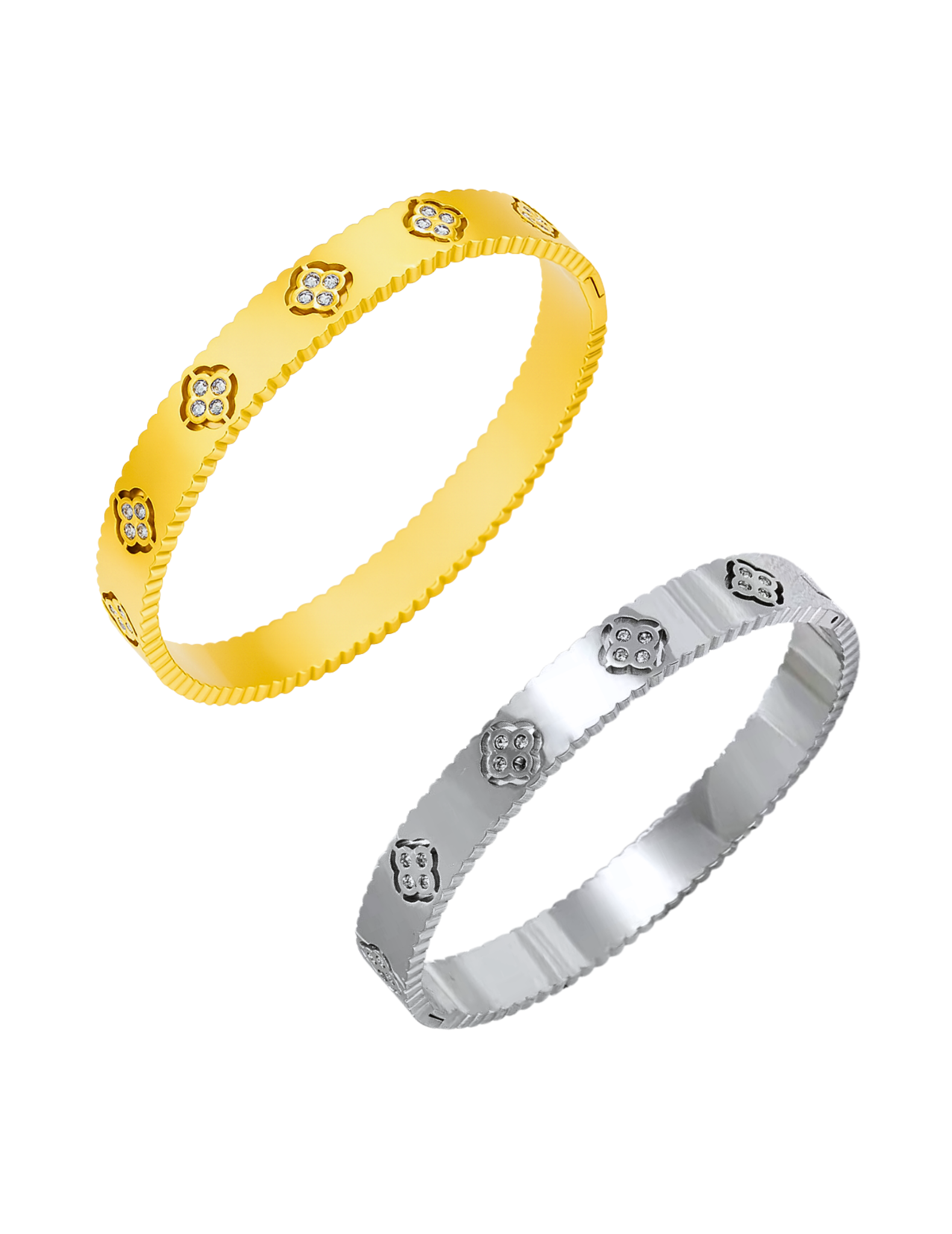 A GOLD PLATED CLOVER BANGLE AND SILVER BANGLE ON WHITE BACKGROUND