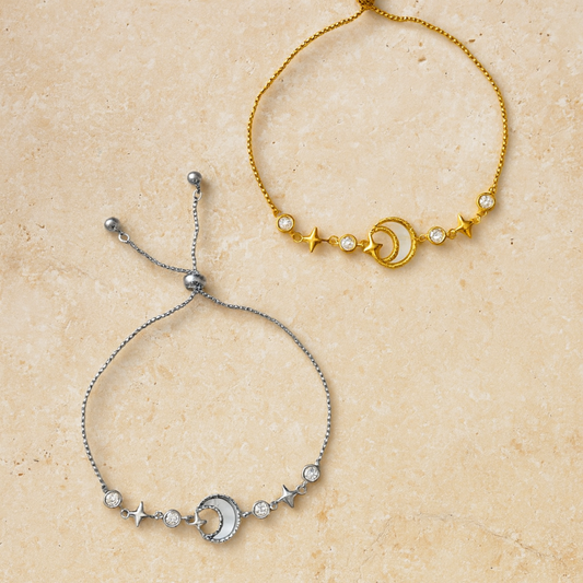 “Luce Di Luna 18k gold-plated stainless steel bracelet—adjustable, waterproof, tarnish-free, hypoallergenic—on neutral background.”