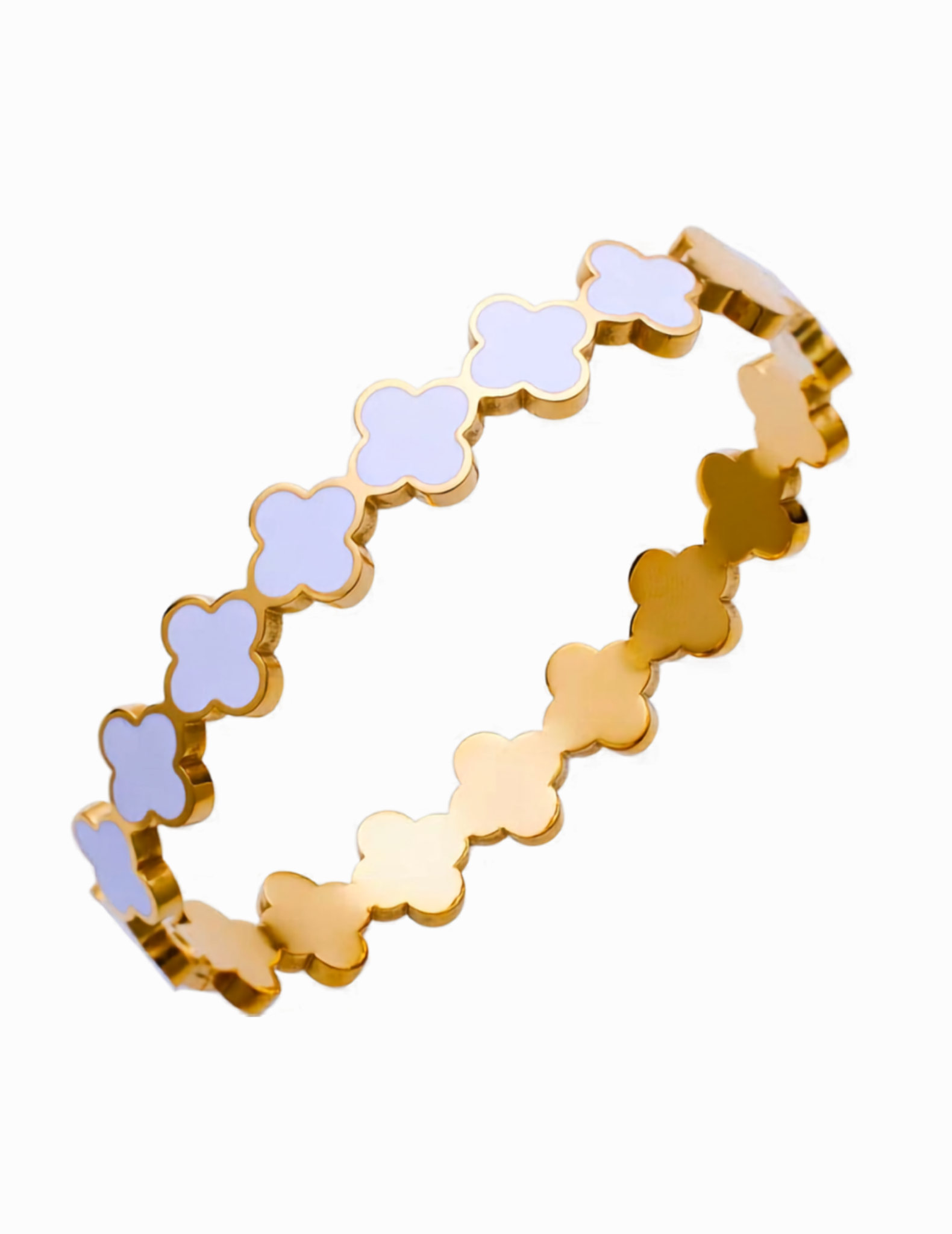 GOLD PLATED CLOVER BANGLE ON WHITE BACKGROUND
