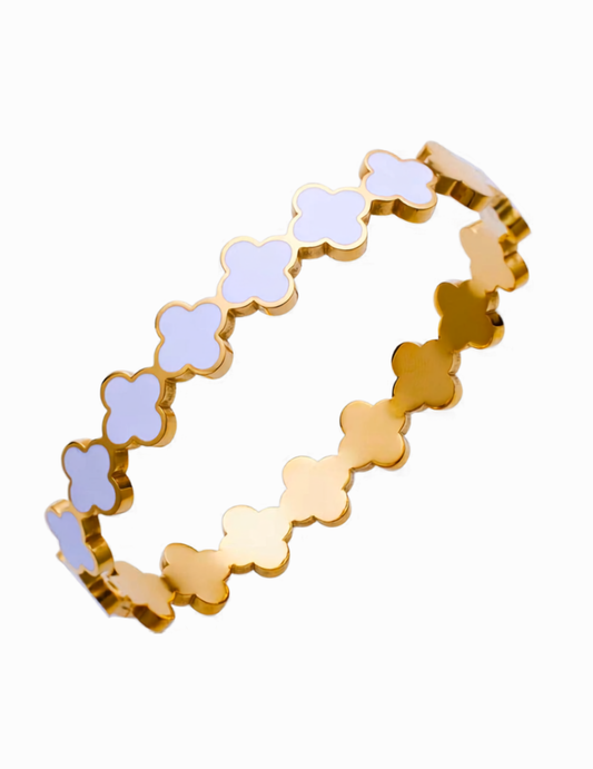 GOLD PLATED CLOVER BANGLE ON WHITE BACKGROUND