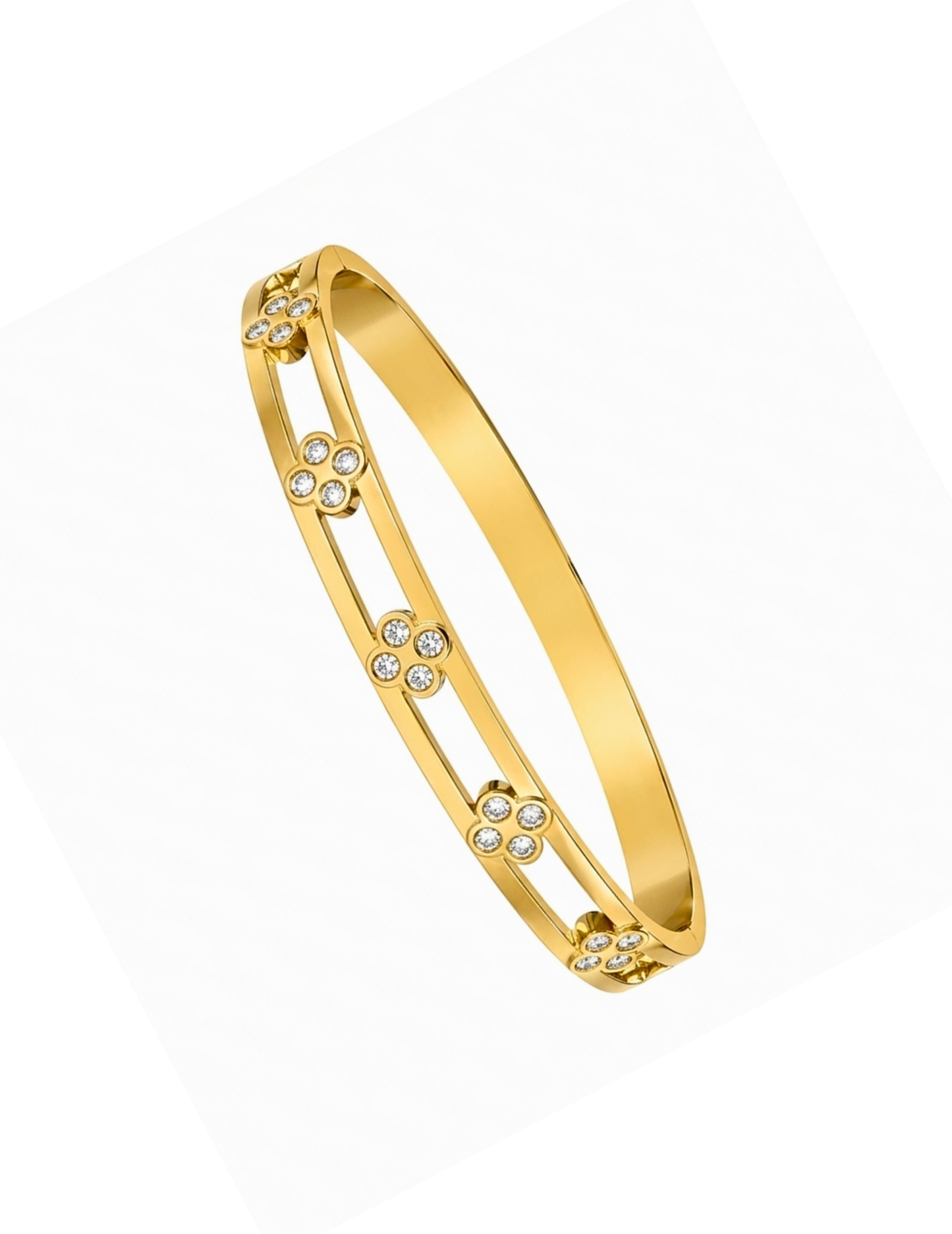CLOVER GOLD PLATED BANGLE ON WHITE BACKGROUND