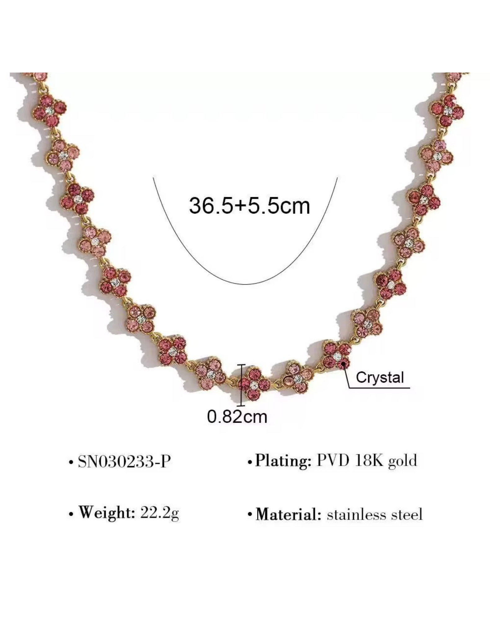 PINK FLORAL GOLD PLATED NECKLACE SIZE AND MATERIAL DETAILS ON WHITE BACKGROUND 