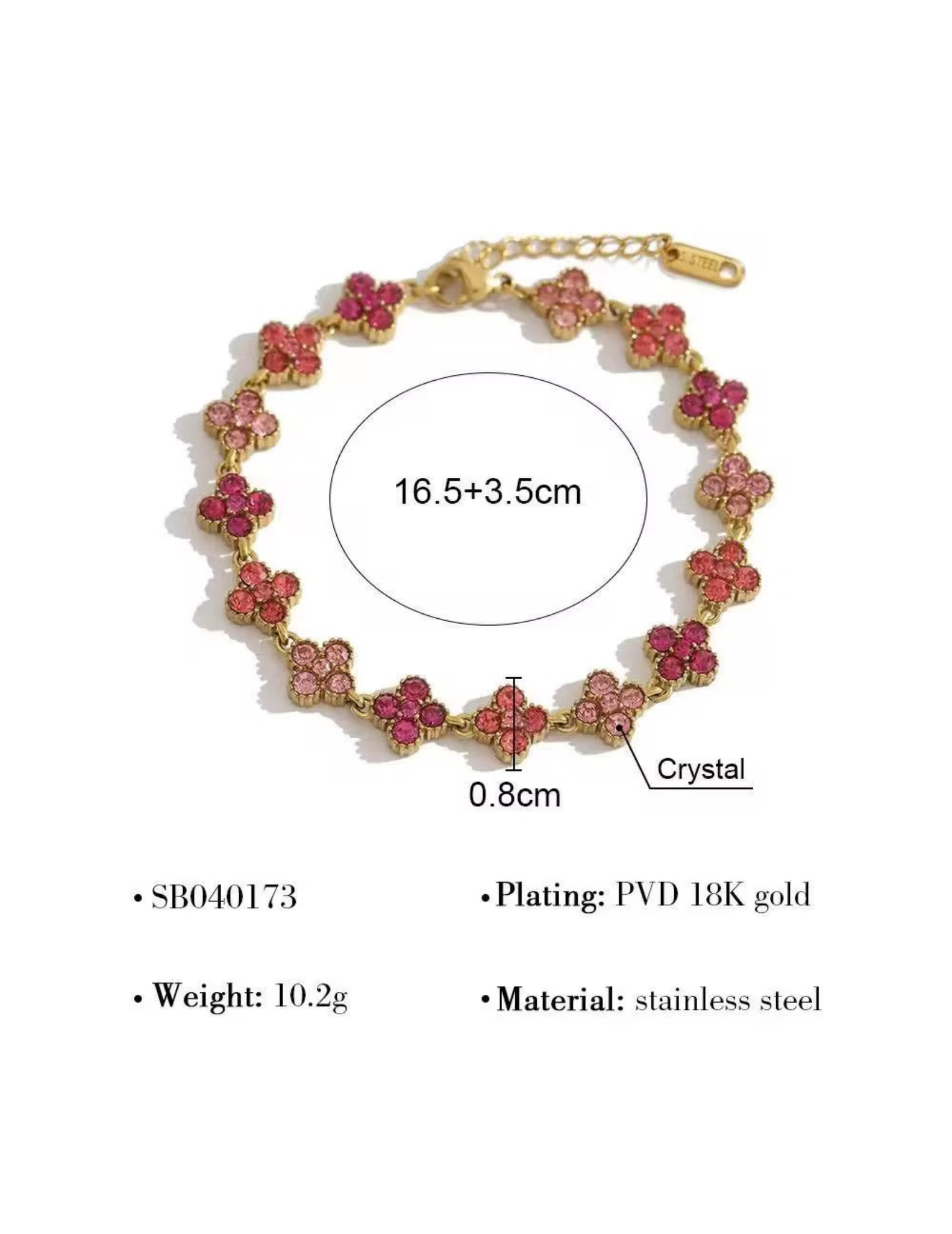 PINK FLORAL GOLD PLATED BRACELET SIZE AND MATERIAL DETAILS ON WHITE BACKGROUND 