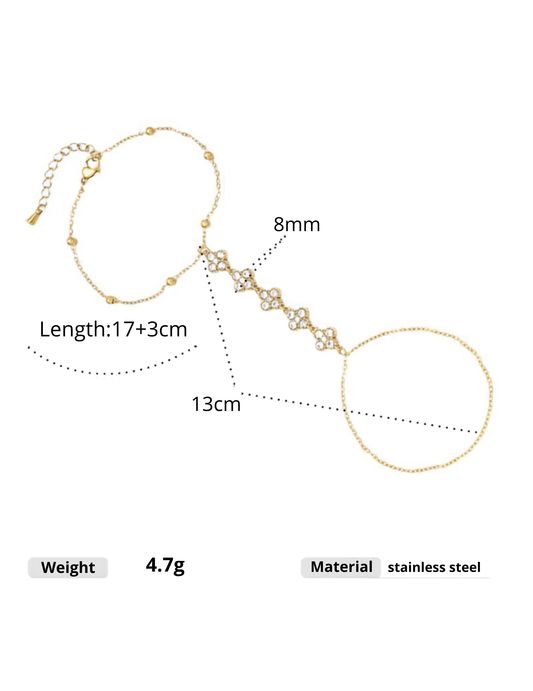 WHITE CLOVER GOLD PLATED HAND CHAIN BRACELET SIZE AND MATERIAL DETAILS ON WHITE BACGROUND