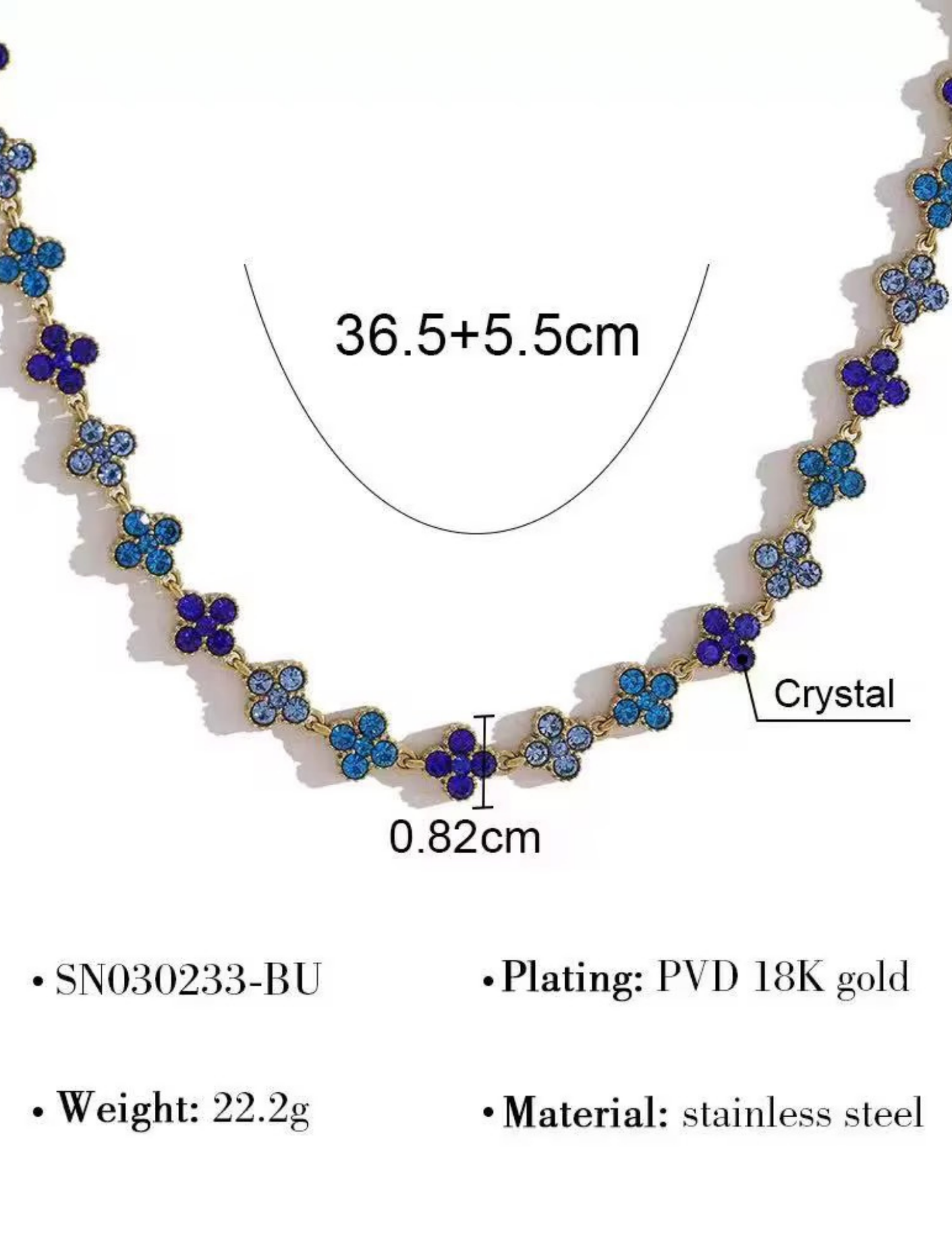 Necklace with blue floral designs and gold accents, showing measurements and material details.