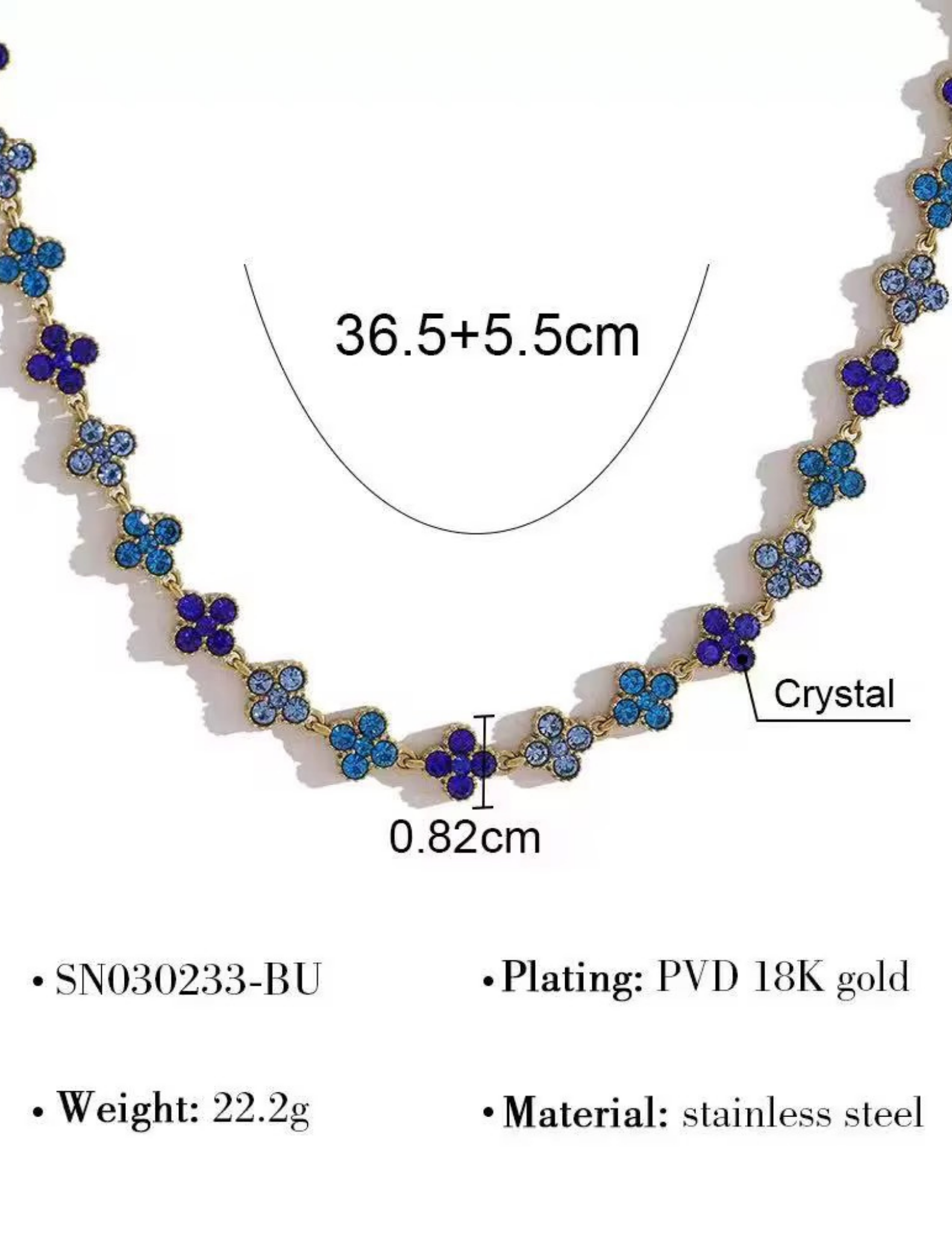 Necklace with blue floral designs and gold accents, showing measurements and material details.