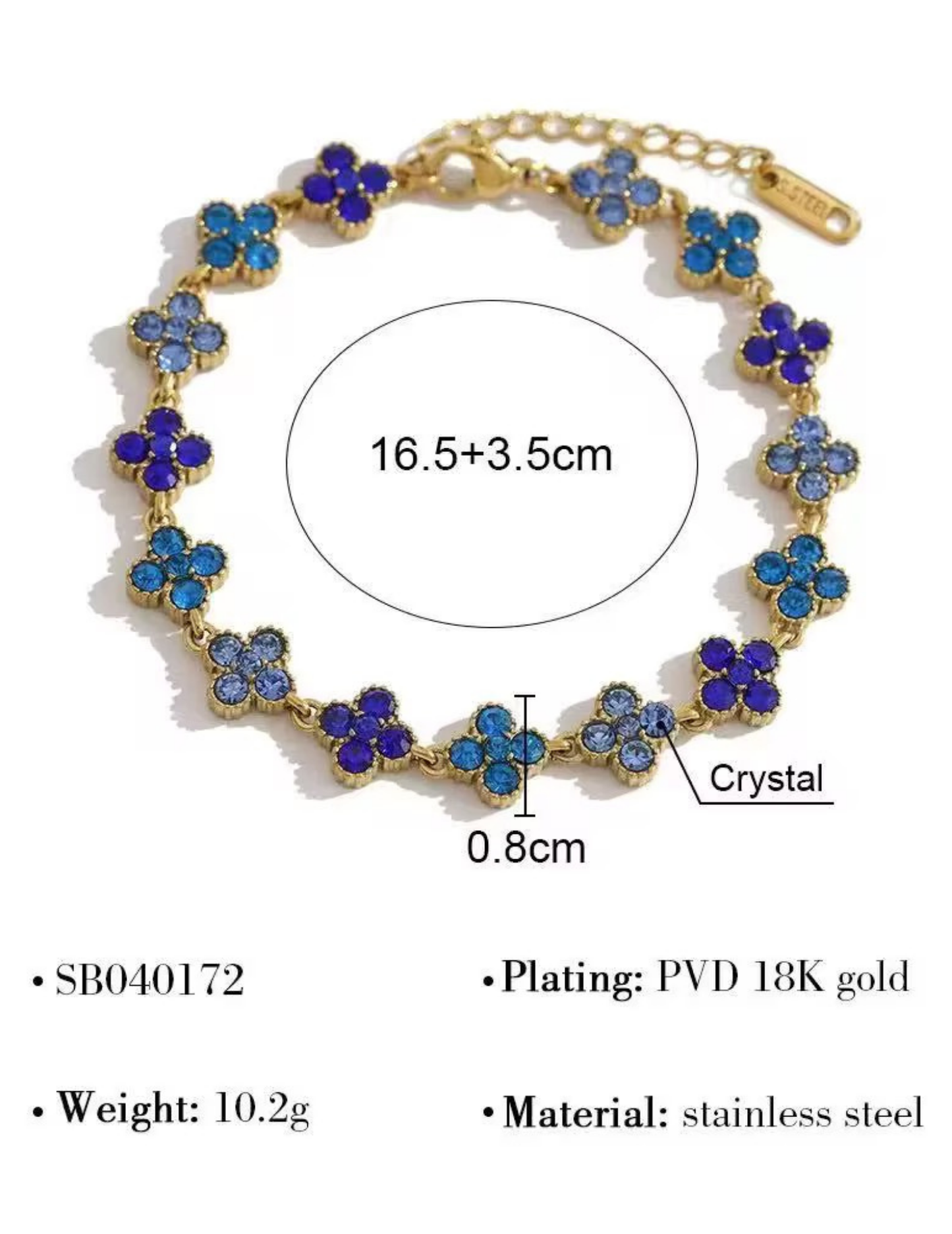 Gold bracelet with blue flowers and measurements on a white background