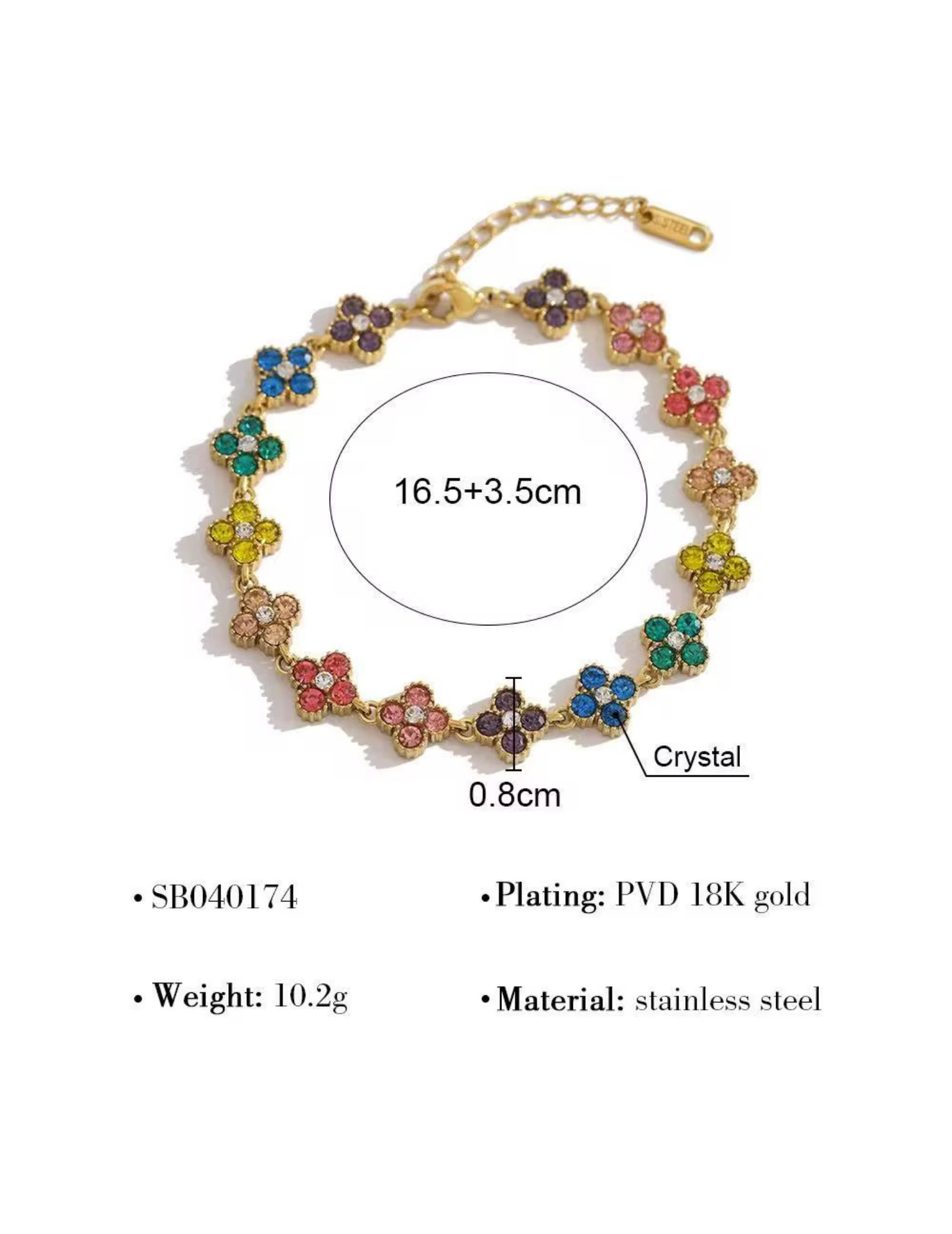 Gold bracelet with colorful flowers and crystals, showing measurements and material details.
