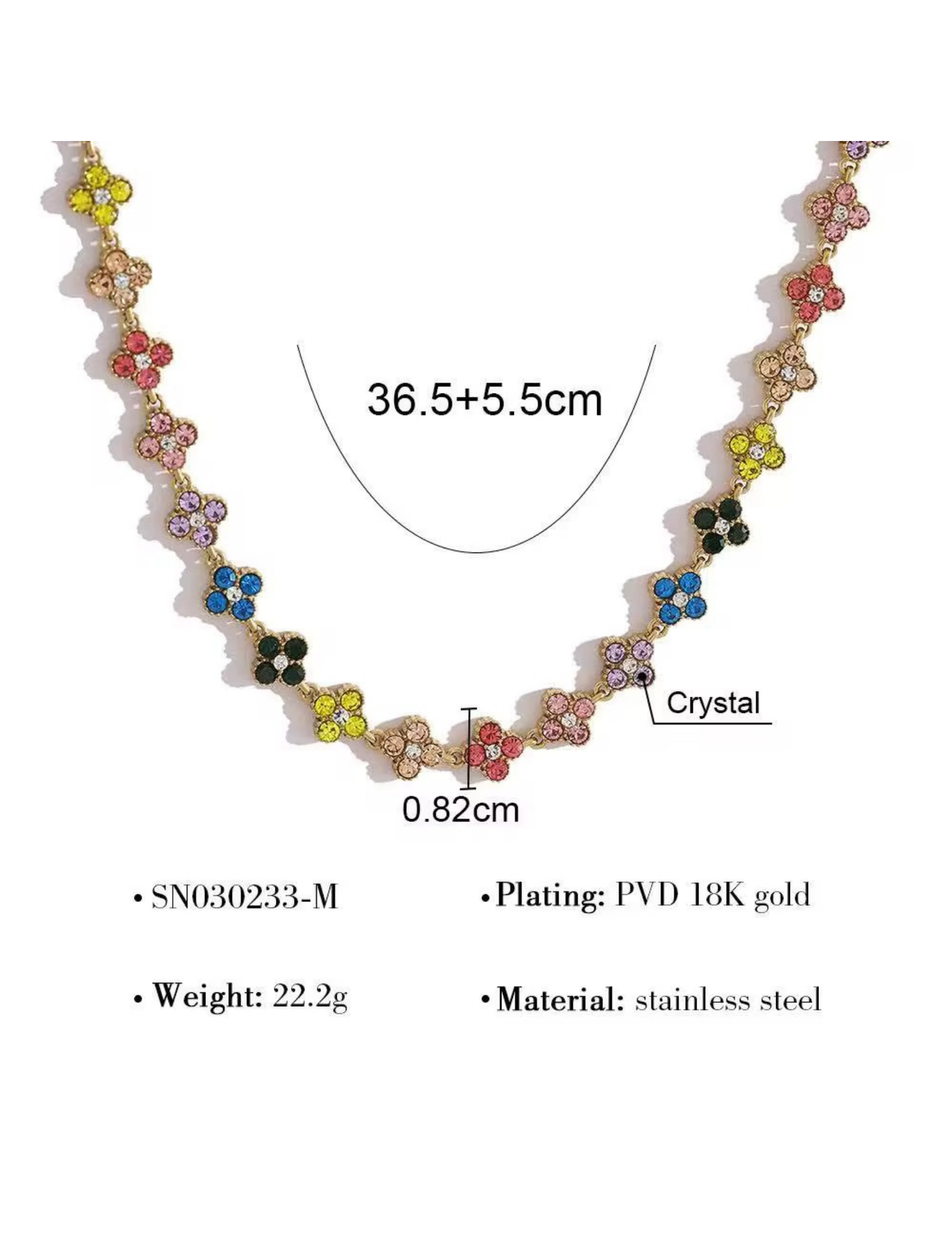 Necklace with floral and crystal design, showing measurements and material details.