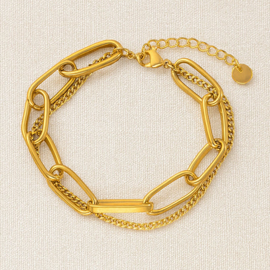 “LENA 18k gold-plated stainless steel bracelet—18 cm + 5 cm adjustable, waterproof, tarnish-free, hypoallergenic—on neutral background.”